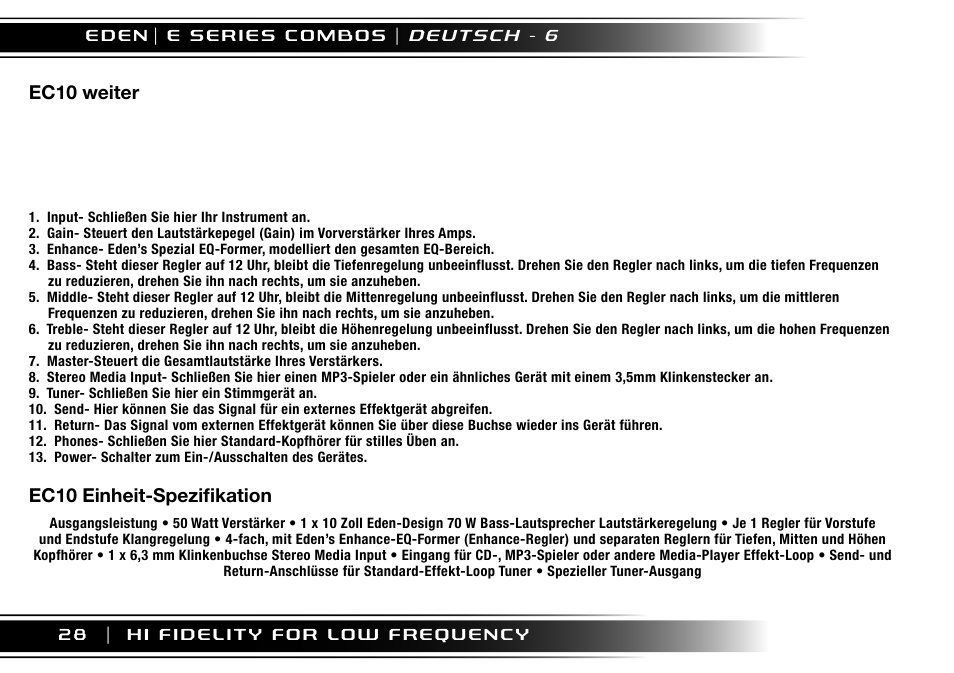 Ec10 weiter, Ec10 einheit-spezifikation | Eden EC210 User Manual | Page 28 / 72