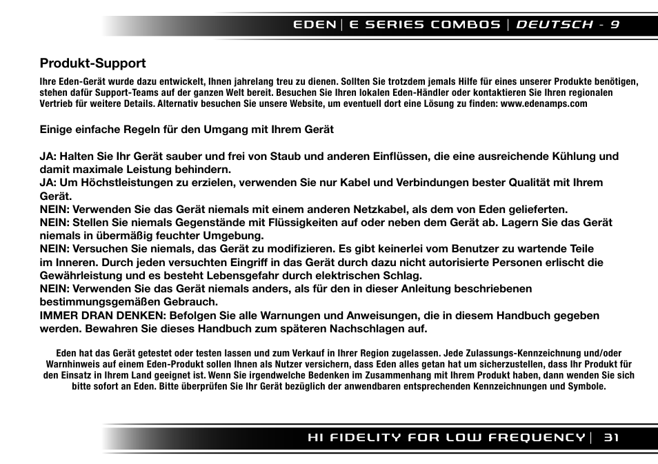 Produkt-support | Eden EC210 User Manual | Page 31 / 72