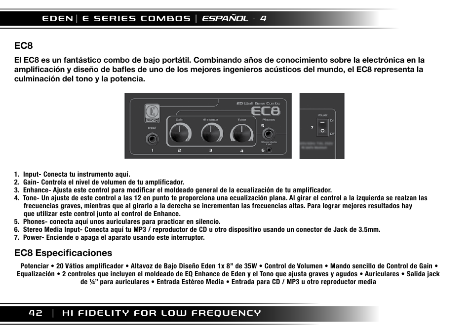 Ec8 especificaciones | Eden EC210 User Manual | Page 42 / 72