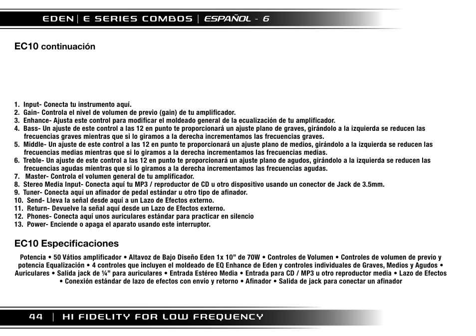 Ec10, Ec10 especificaciones | Eden EC210 User Manual | Page 44 / 72