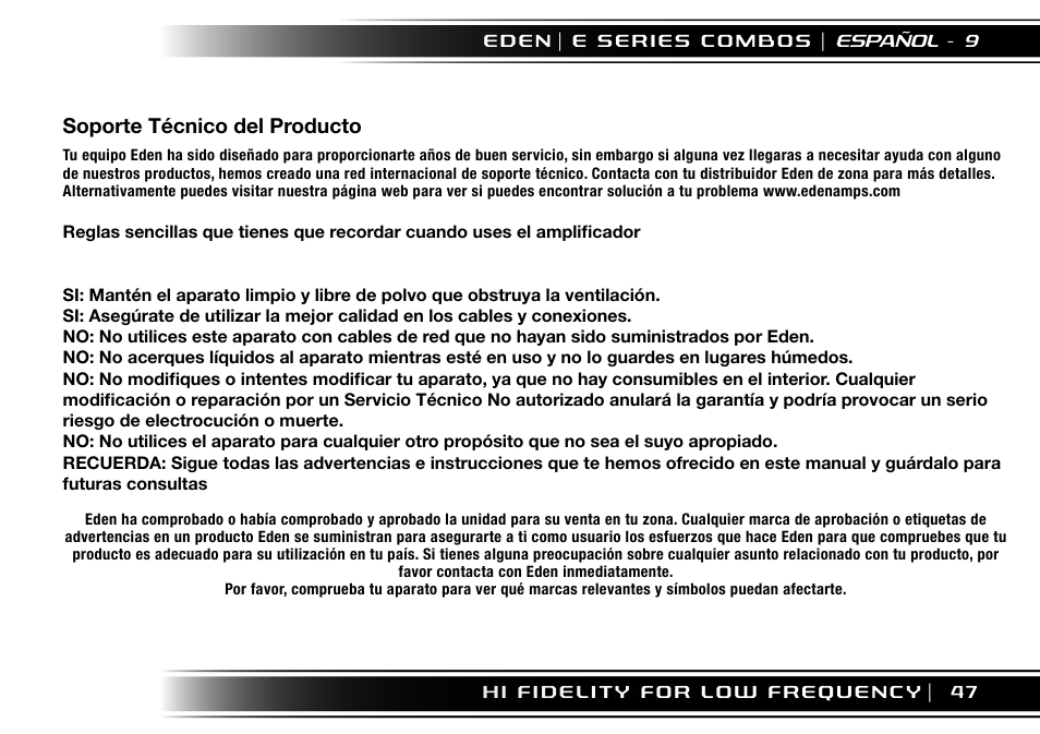 Soporte técnico del producto | Eden EC210 User Manual | Page 47 / 72