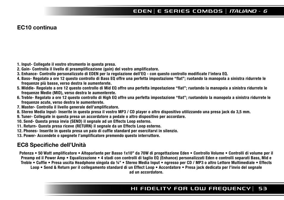 Ec10 continua, Ec8 specifiche dell’unità | Eden EC210 User Manual | Page 53 / 72