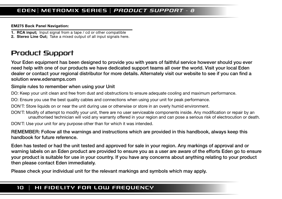 Product support | Eden EM275 User Manual | Page 10 / 44