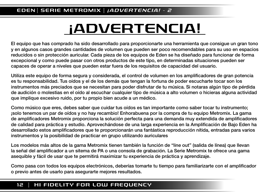 Advertencia | Eden EM275 User Manual | Page 12 / 44