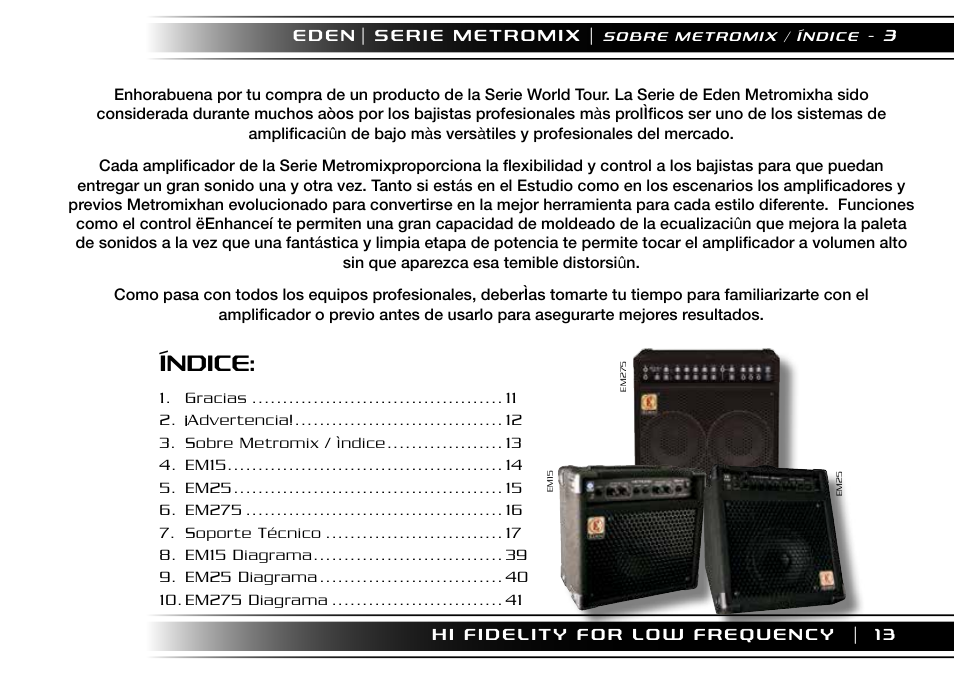 Índice | Eden EM275 User Manual | Page 13 / 44