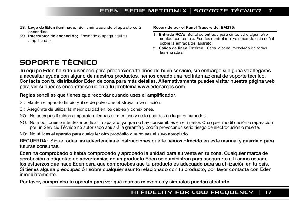 Soporte técnico | Eden EM275 User Manual | Page 17 / 44