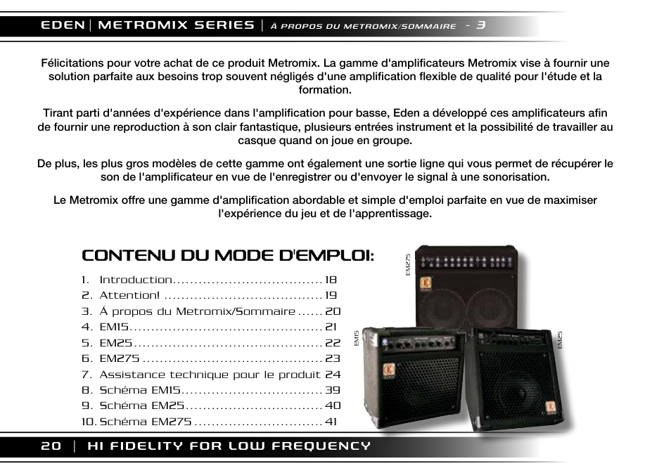 Contenu du mode d'emploi | Eden EM275 User Manual | Page 20 / 44