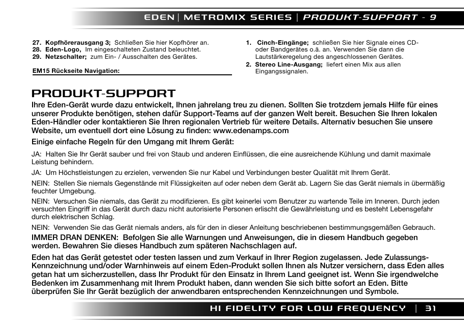 Produkt-support | Eden EM275 User Manual | Page 31 / 44