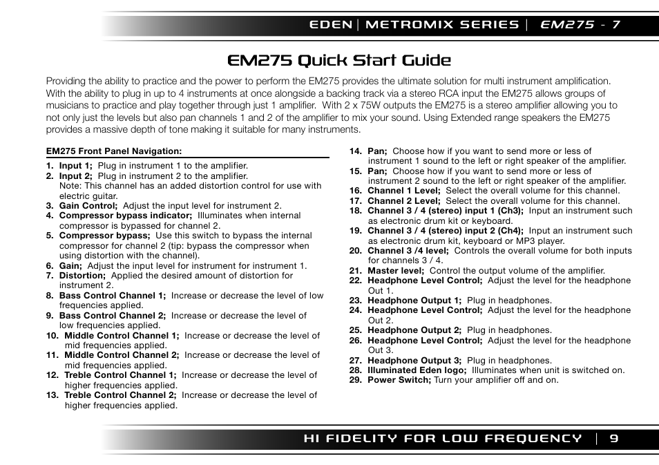 Em275 quick start guide, 9 e d e n | Eden EM275 User Manual | Page 9 / 44