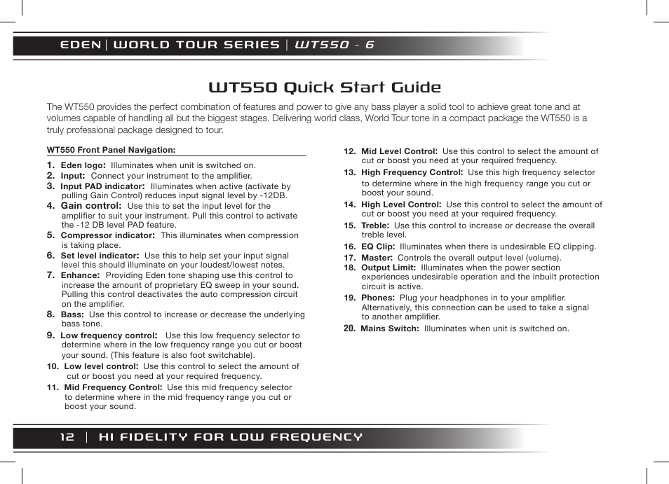 Wt550 quick start guide | Eden WT800 User Manual | Page 12 / 68