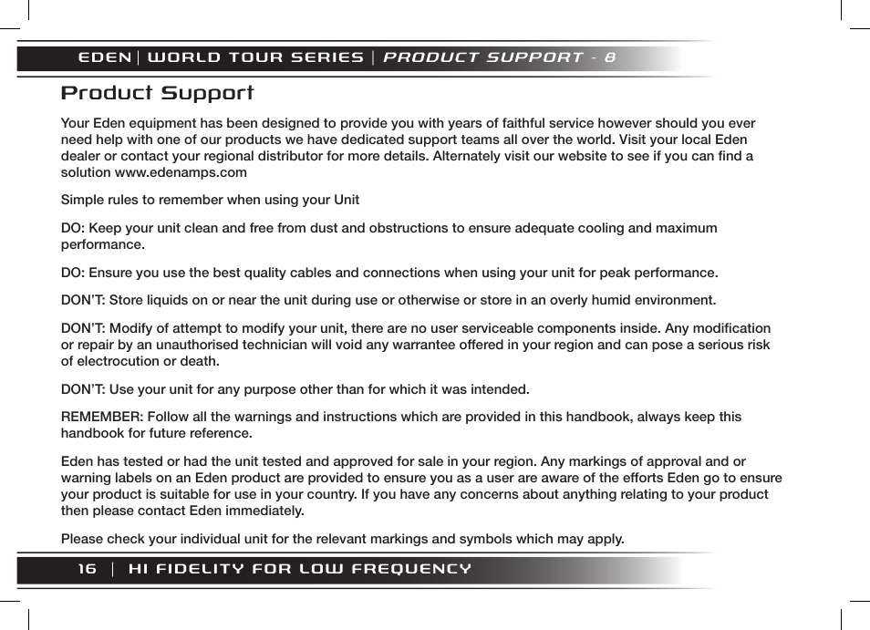 Product support | Eden WT800 User Manual | Page 16 / 68