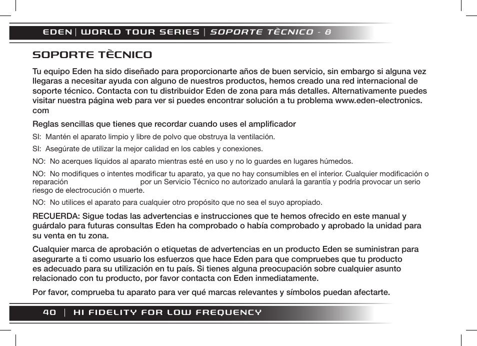 Soporte tècnico | Eden WT800 User Manual | Page 28 / 68