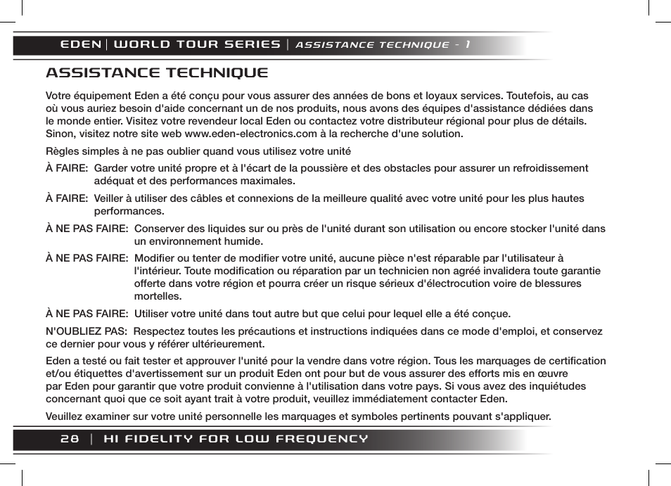 Assistance technique | Eden WT800 User Manual | Page 40 / 68