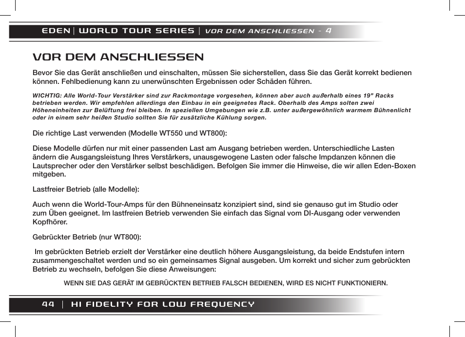 Vor dem anschliessen | Eden WT800 User Manual | Page 44 / 68