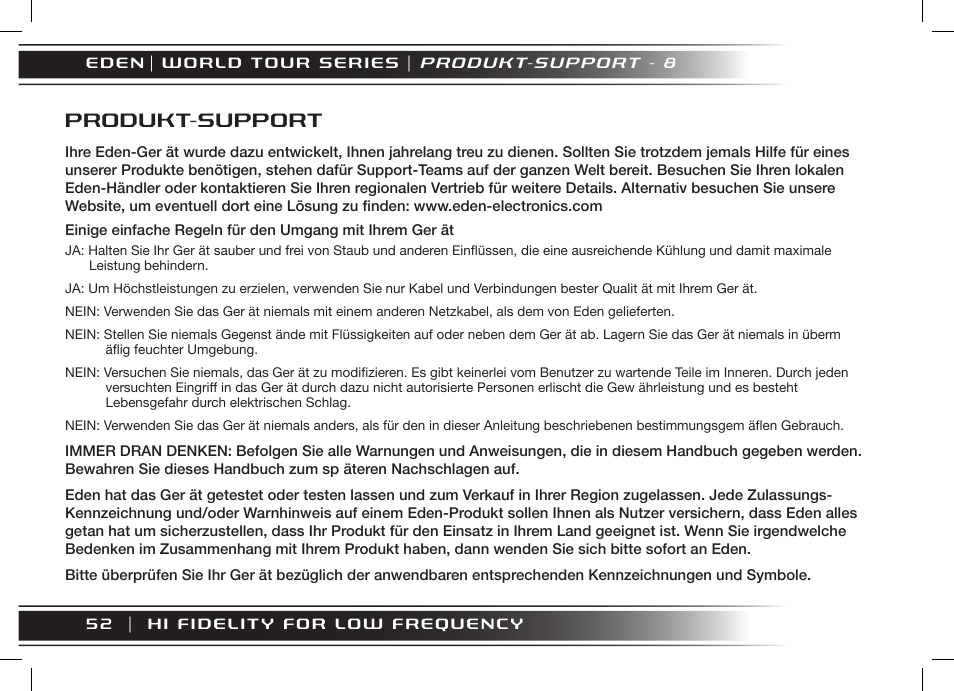 Produkt-support | Eden WT800 User Manual | Page 52 / 68