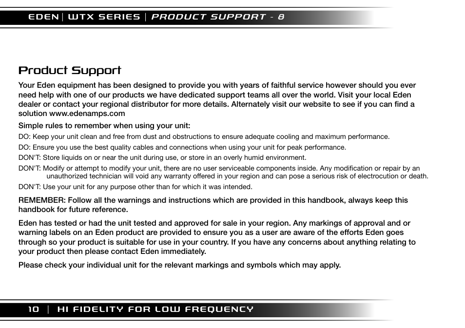 Product support | Eden WTX500 User Manual | Page 10 / 44