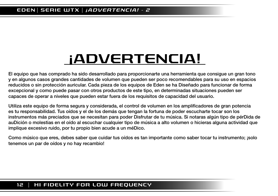 Advertencia | Eden WTX500 User Manual | Page 12 / 44