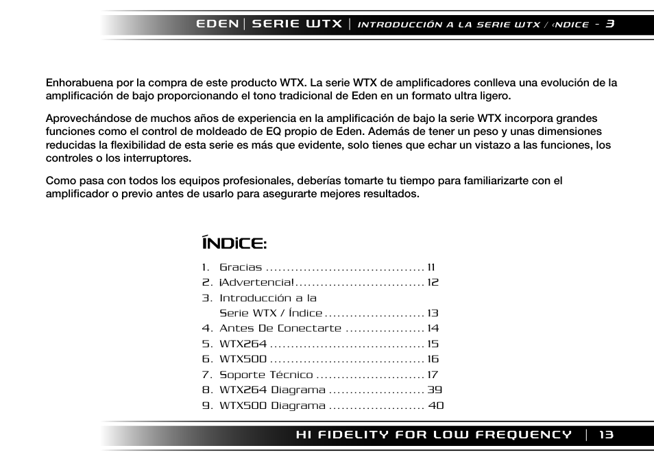 Índice | Eden WTX500 User Manual | Page 13 / 44