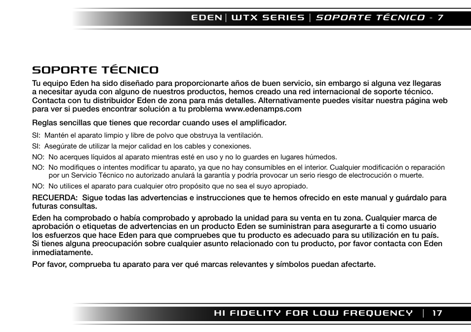 Soporte técnico | Eden WTX500 User Manual | Page 17 / 44