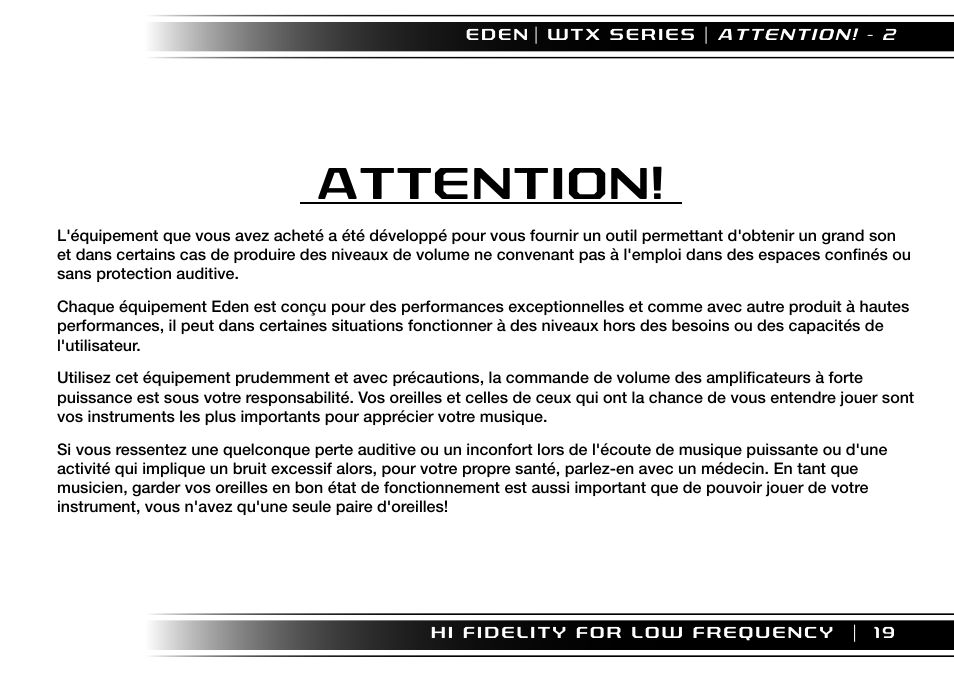 Attention | Eden WTX500 User Manual | Page 19 / 44