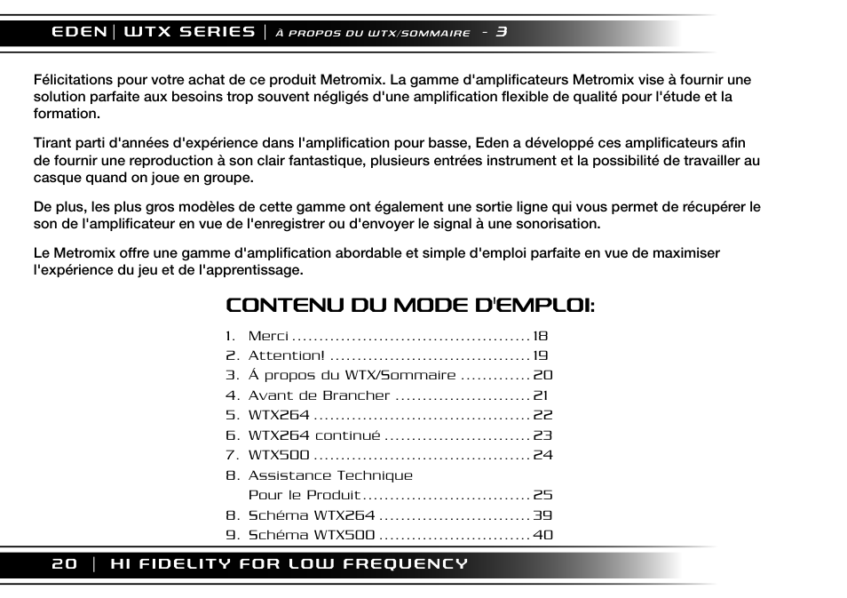 Contenu du mode d'emploi | Eden WTX500 User Manual | Page 20 / 44