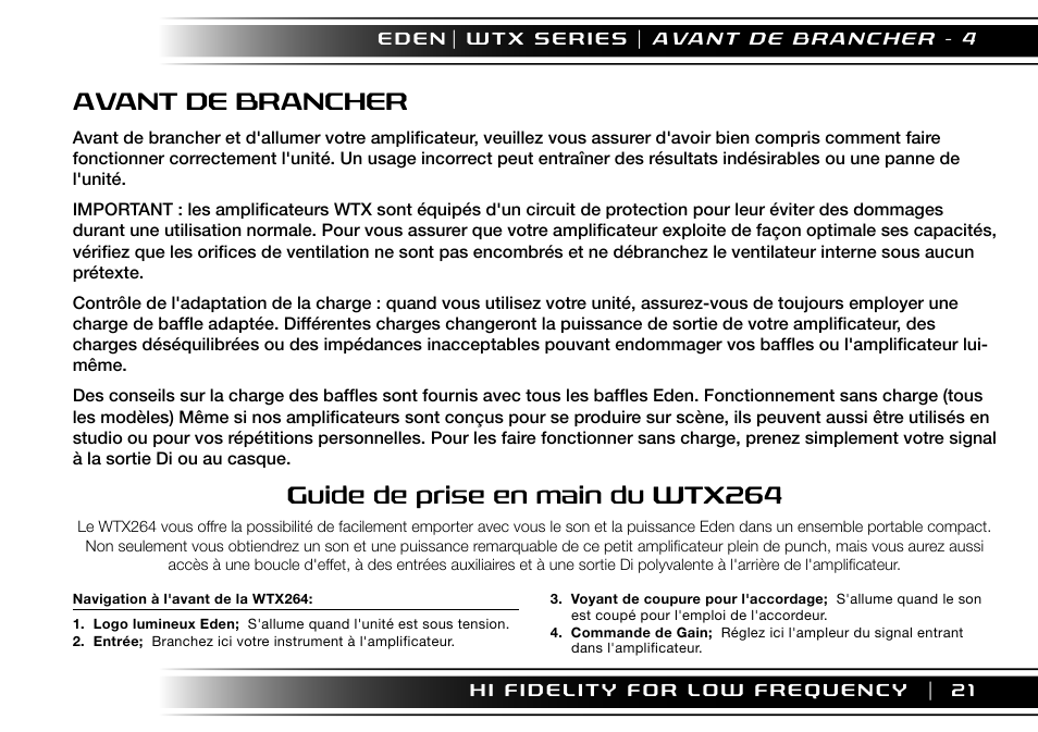 Avant de brancher, Guide de prise en main du wtx264 | Eden WTX500 User Manual | Page 21 / 44