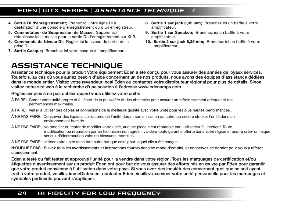 Assistance technique | Eden WTX500 User Manual | Page 24 / 44