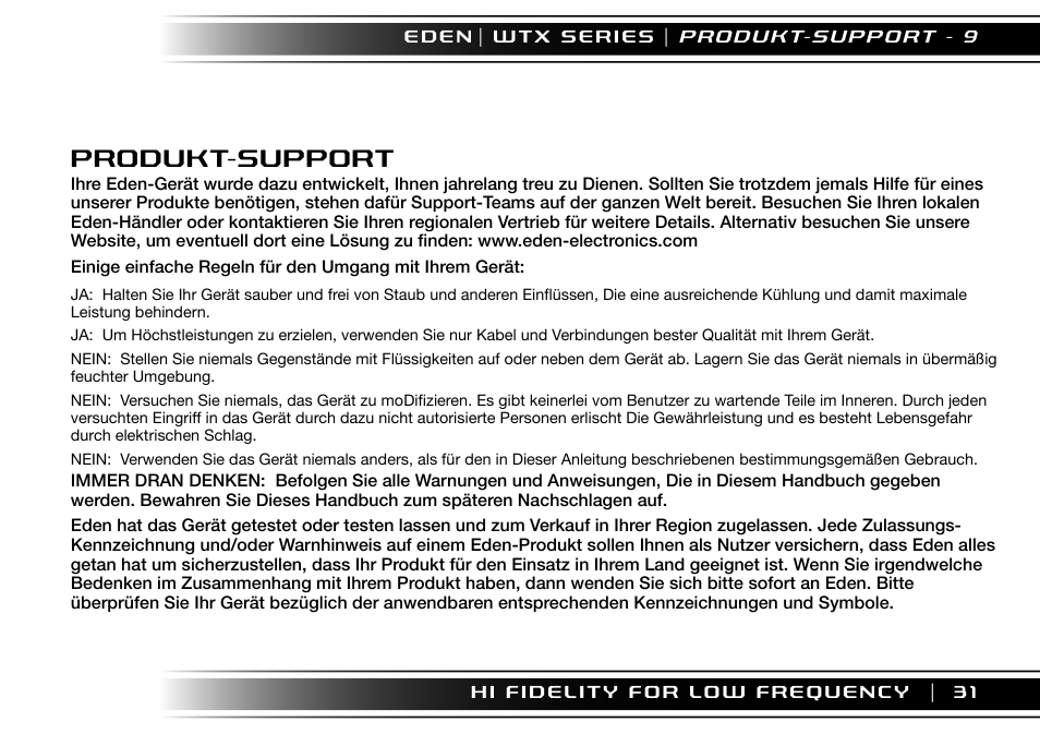 Produkt-support | Eden WTX500 User Manual | Page 31 / 44