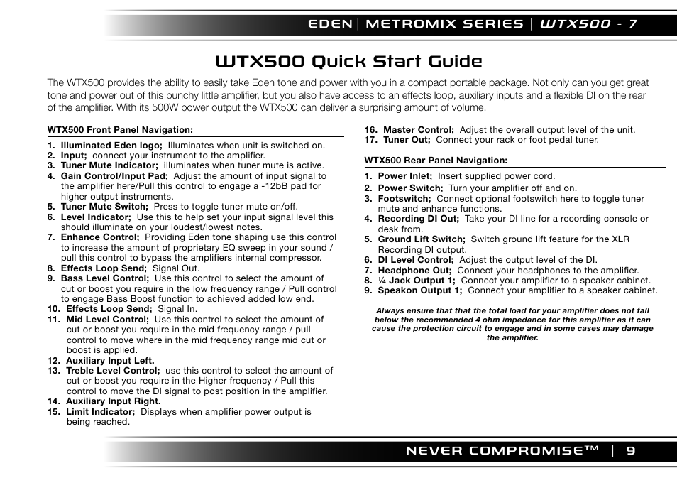 Wtx500 quick start guide, 9 e d e n | Eden WTX500 User Manual | Page 9 / 44