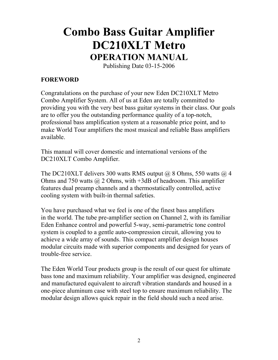 Combo bass guitar amplifier dc210xlt metro, Operation manual | Eden DC-210XLT Metro User Manual | Page 2 / 20
