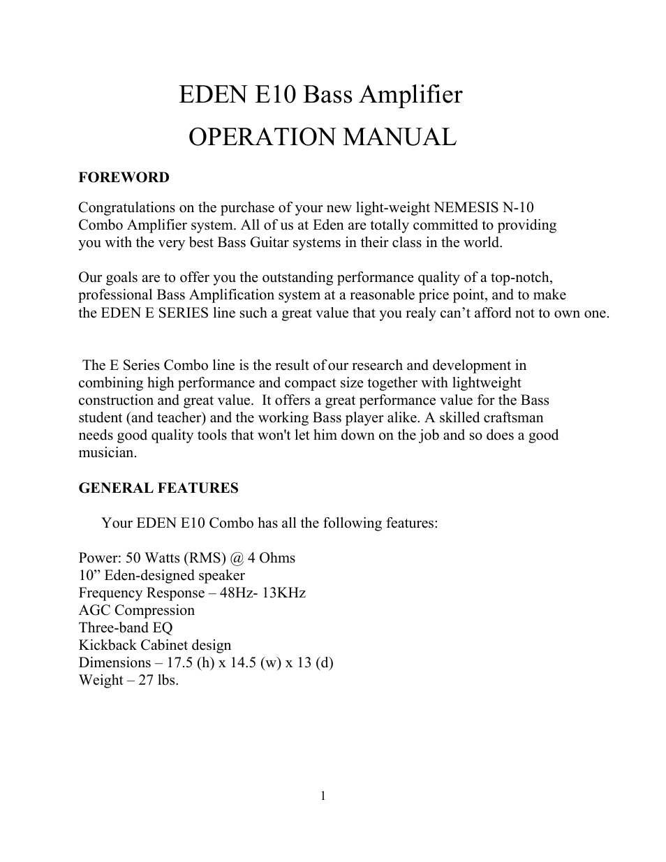 Eden E10 User Manual | 6 pages
