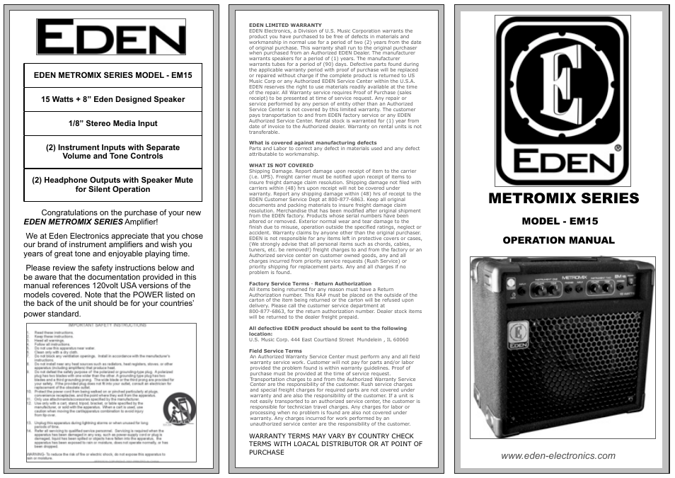 Eden Metromix 15 User Manual | 2 pages