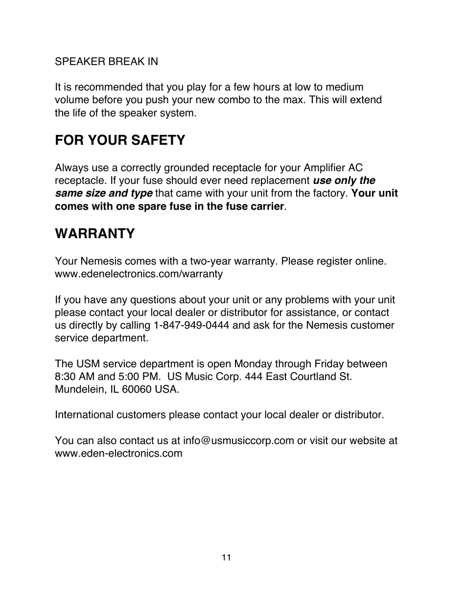 For your safety, Warranty | Eden Silver Series User Manual | Page 11 / 11