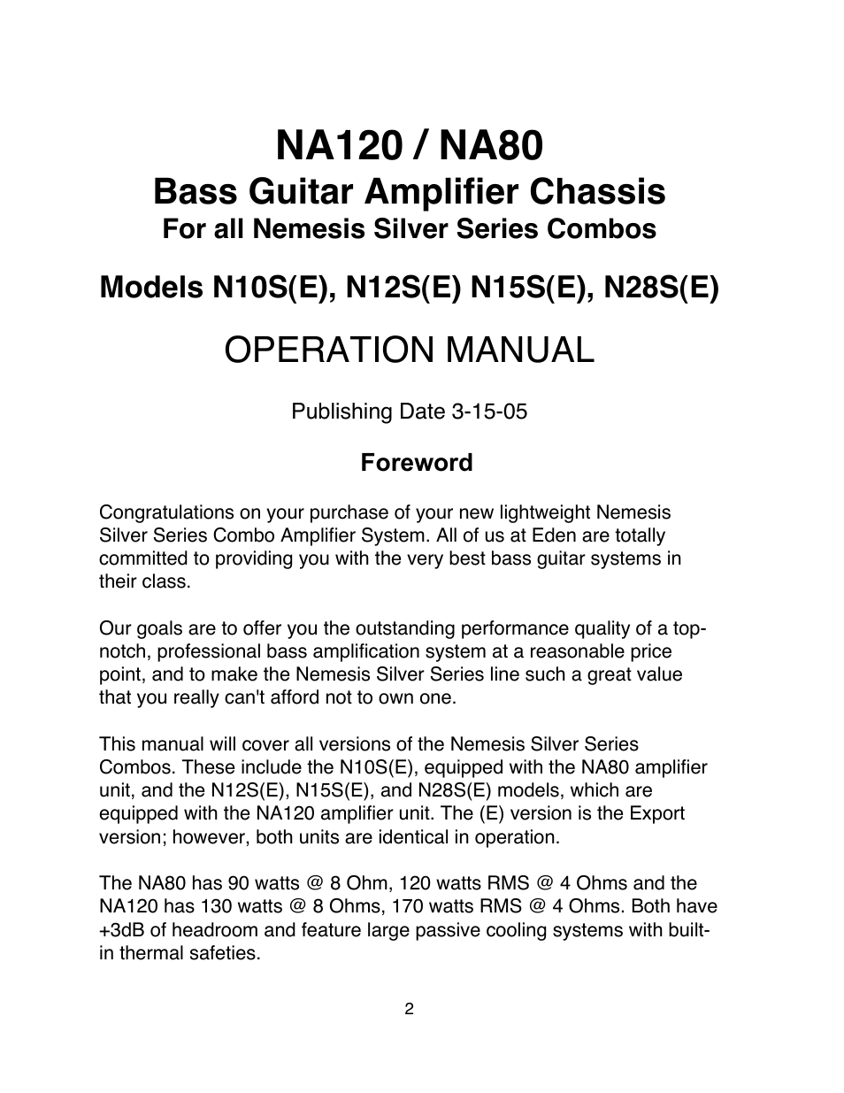 Bass guitar amplifier chassis, Operation manual | Eden Silver Series User Manual | Page 2 / 11