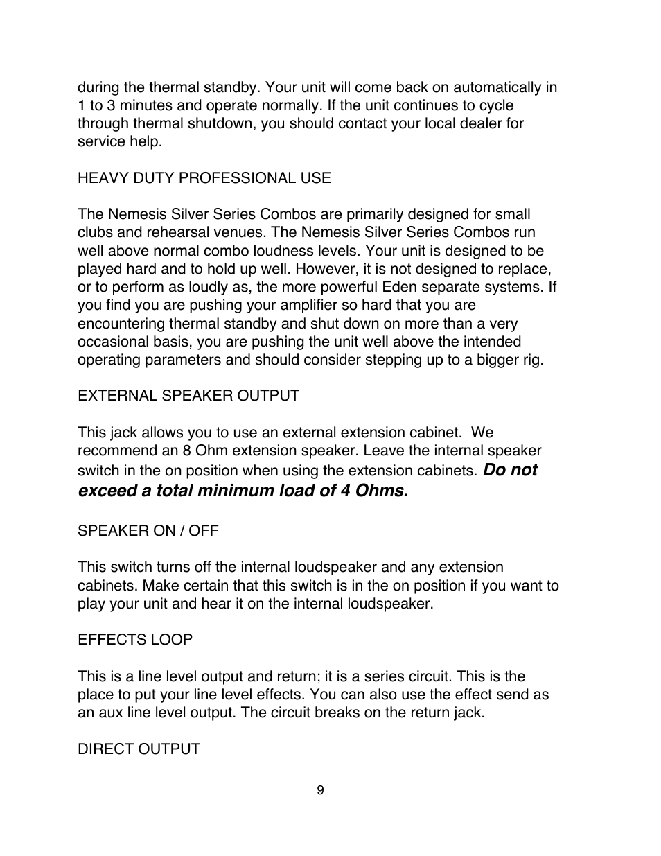 Do not exceed a total minimum load of 4 ohms | Eden Silver Series User Manual | Page 9 / 11