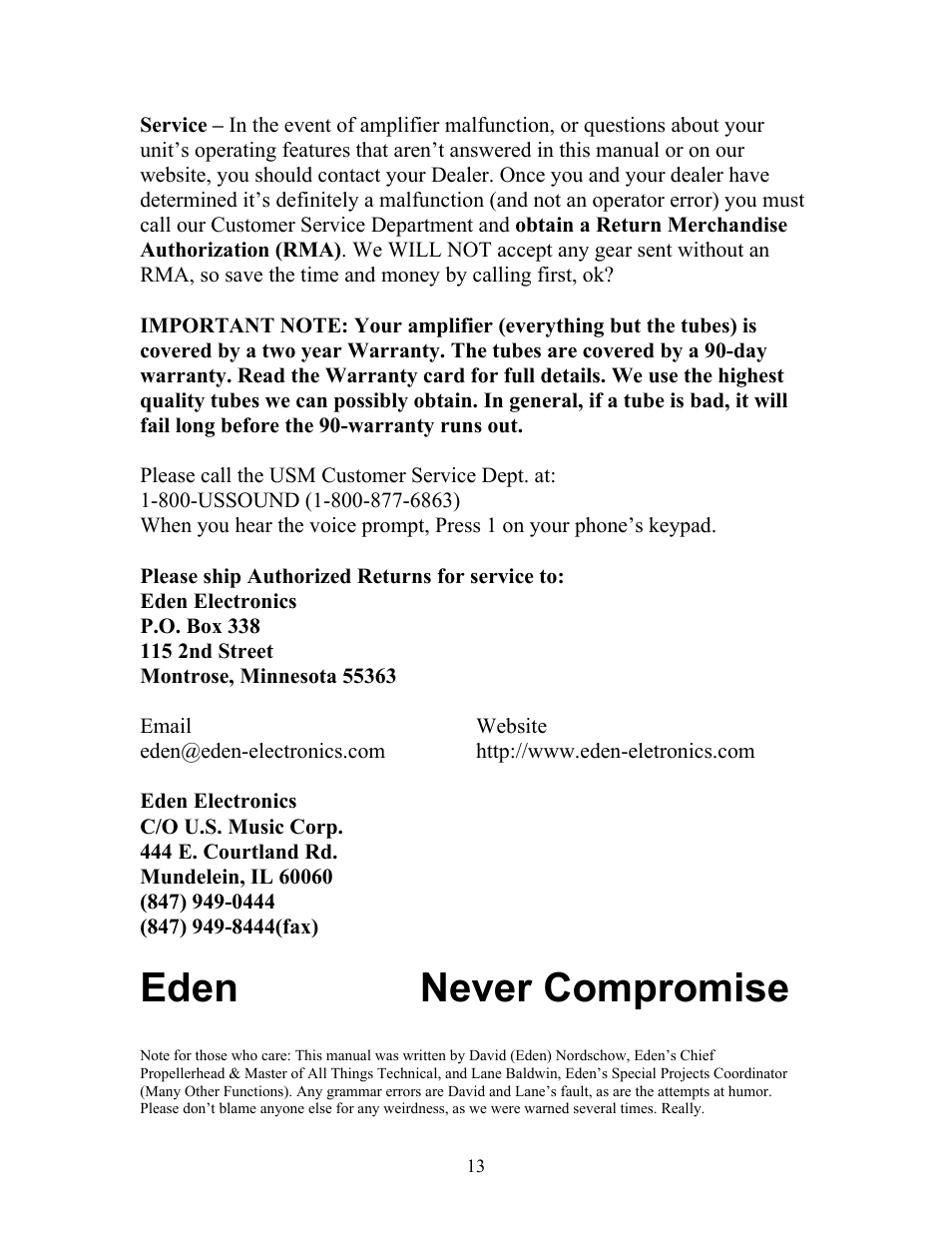 Eden never compromise | Eden VT300B User Manual | Page 13 / 13