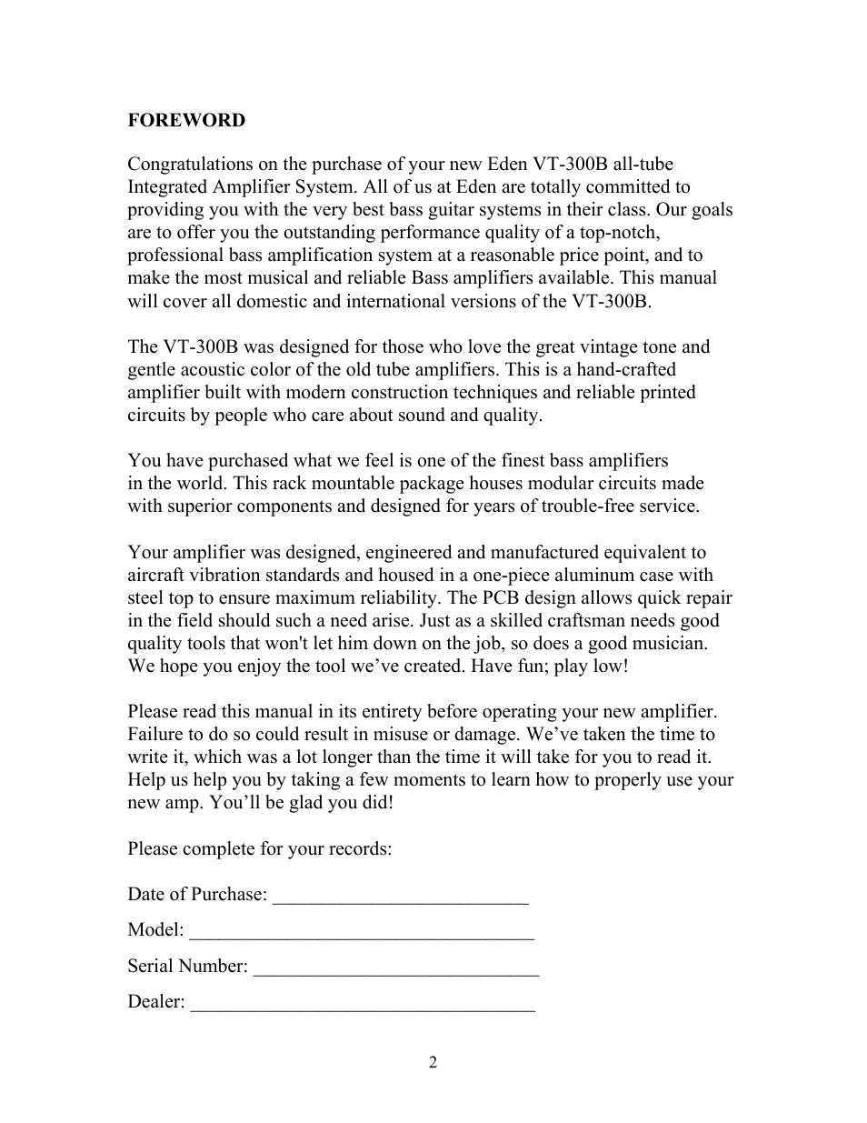 Eden VT300B User Manual | Page 2 / 13
