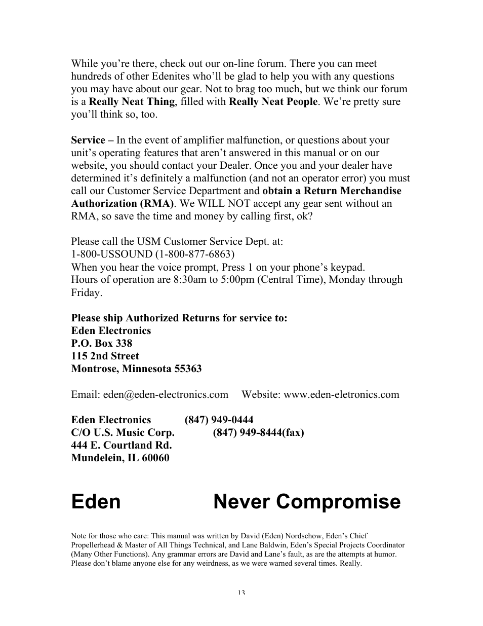 Eden never compromise | Eden W1550 User Manual | Page 13 / 13