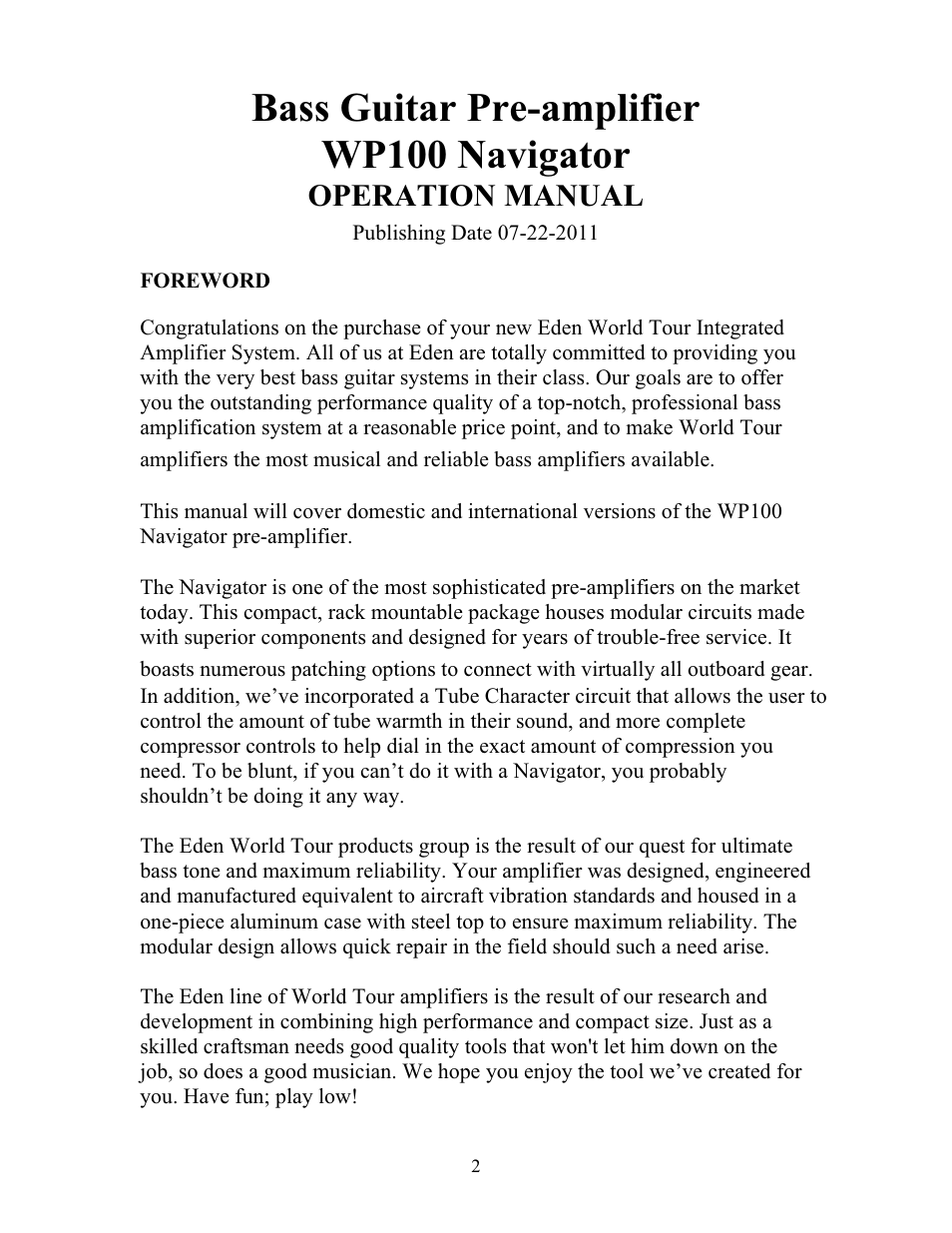 Bass guitar pre-amplifier wp100 navigator, Operation manual | Eden WP100 Navigator (2011) User Manual | Page 2 / 20