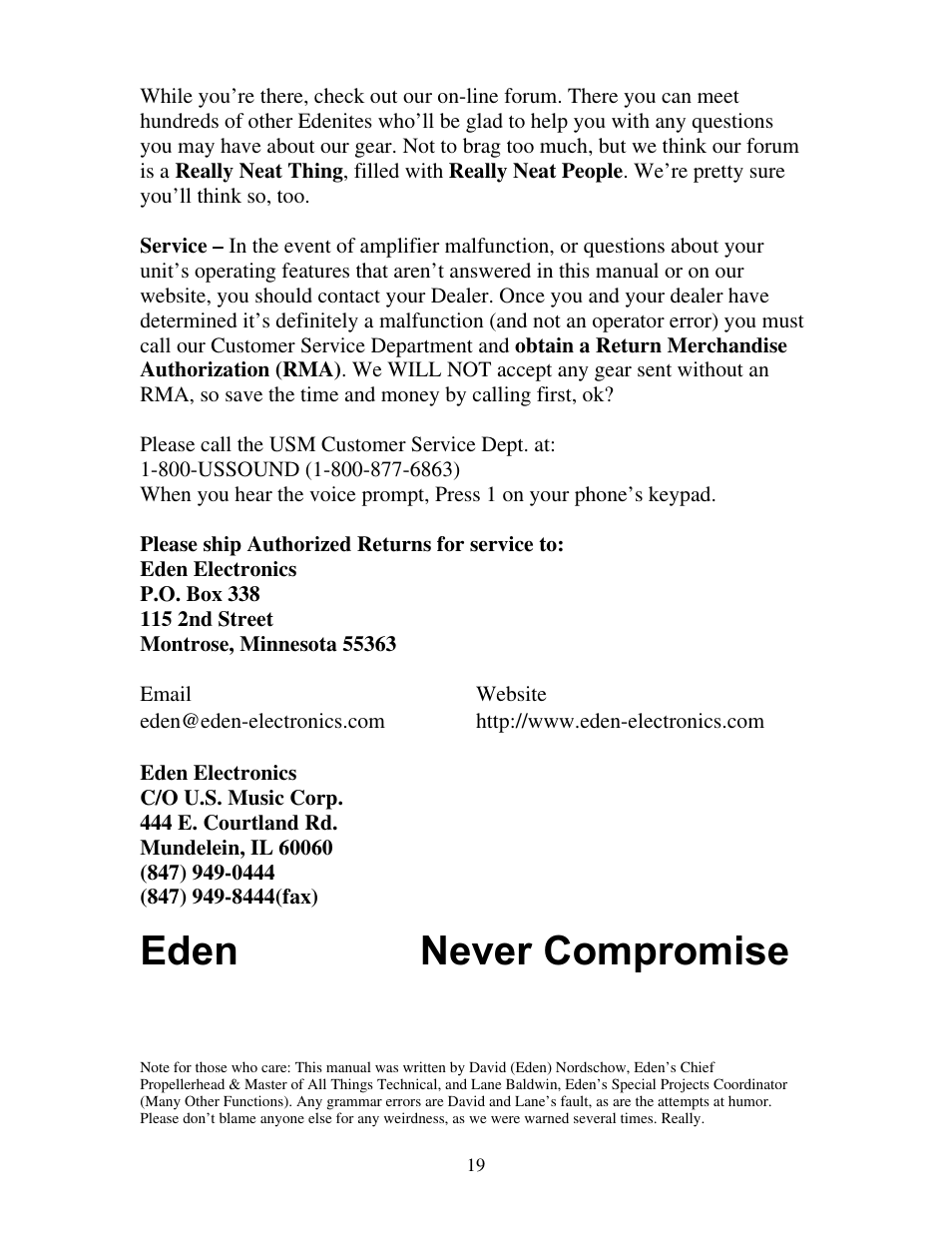 Eden never compromise | Eden WT405 User Manual | Page 19 / 20