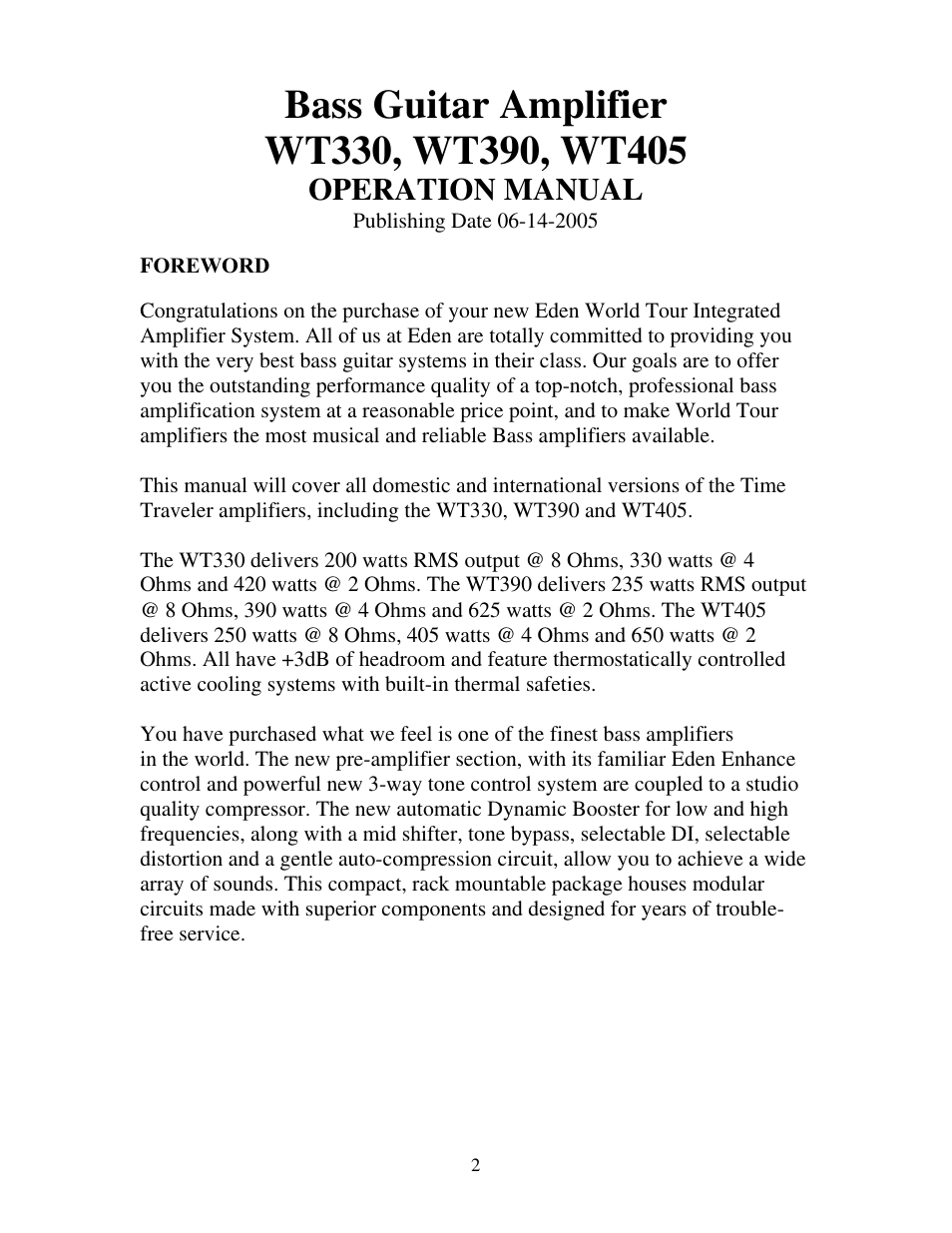 Operation manual | Eden WT405 User Manual | Page 2 / 20