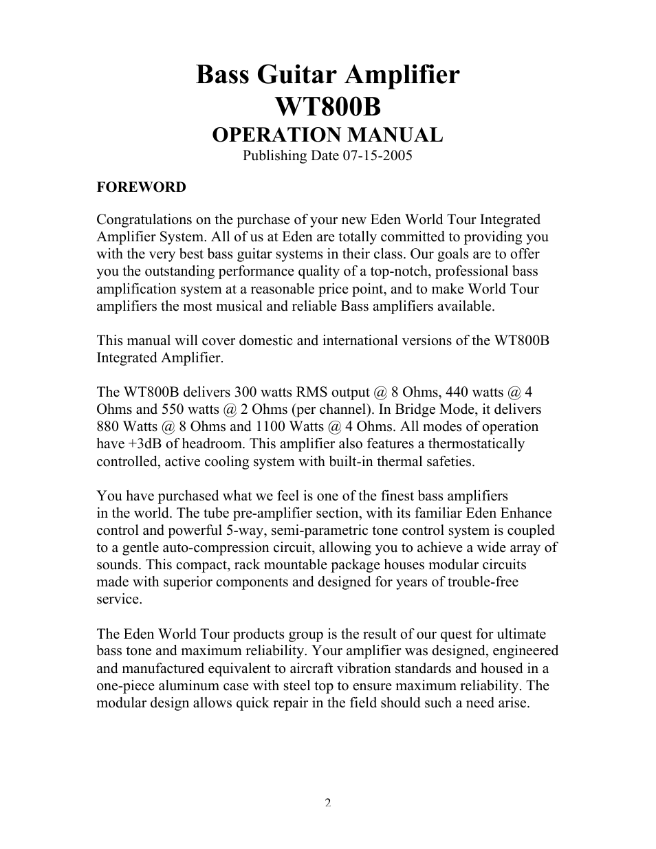 Bass guitar amplifier wt800b, Operation manual | Eden WT800B User Manual | Page 2 / 21