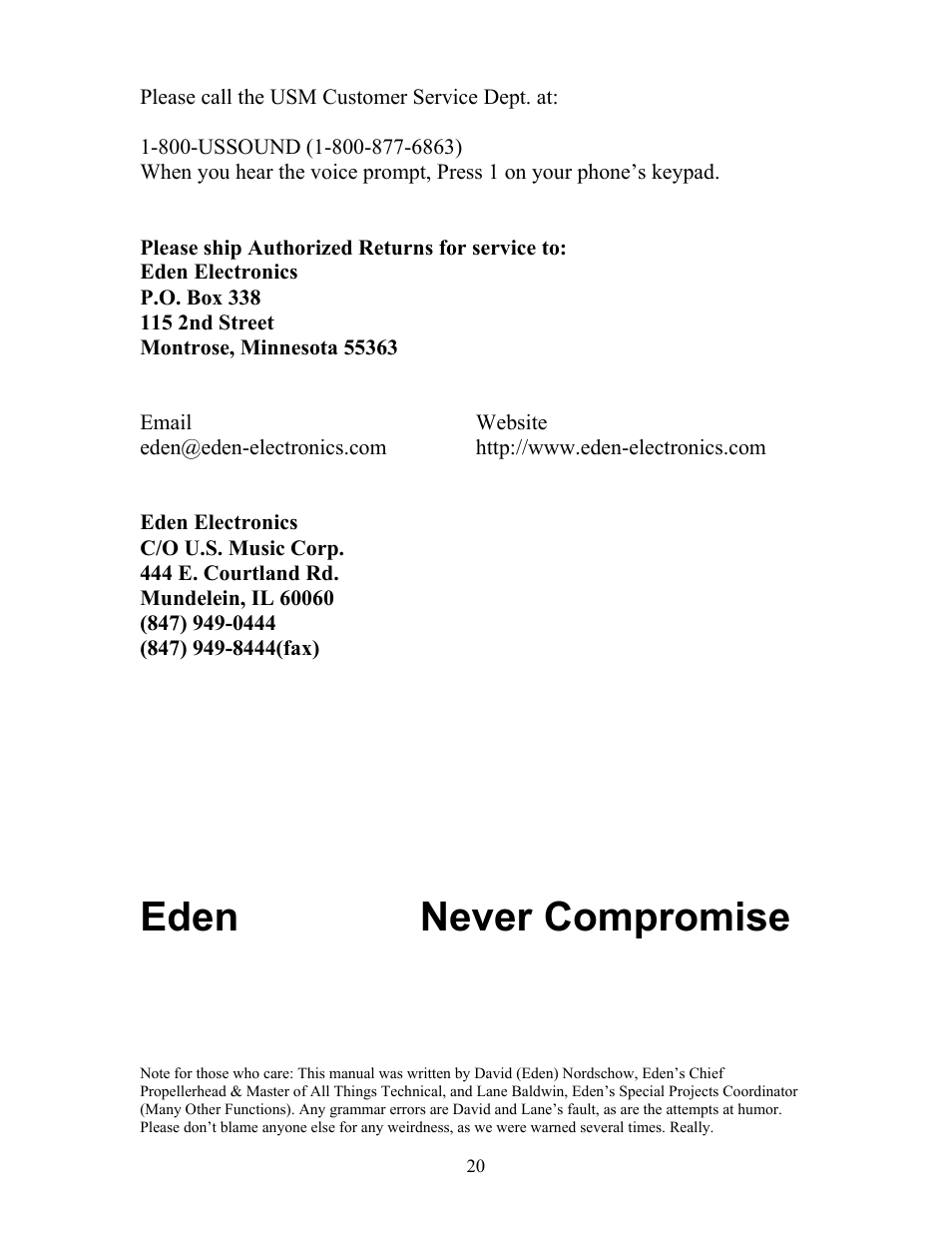 Eden never compromise | Eden WT800B User Manual | Page 20 / 21