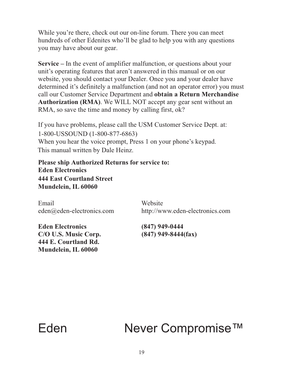 Eden never compromise | Eden WTB1000 User Manual | Page 19 / 19