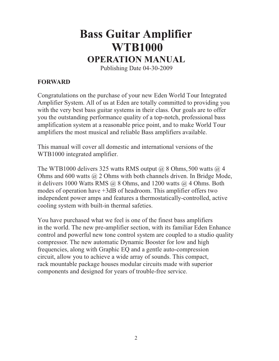 Bass guitar amplifier wtb1000, Operation manual | Eden WTB1000 User Manual | Page 2 / 19