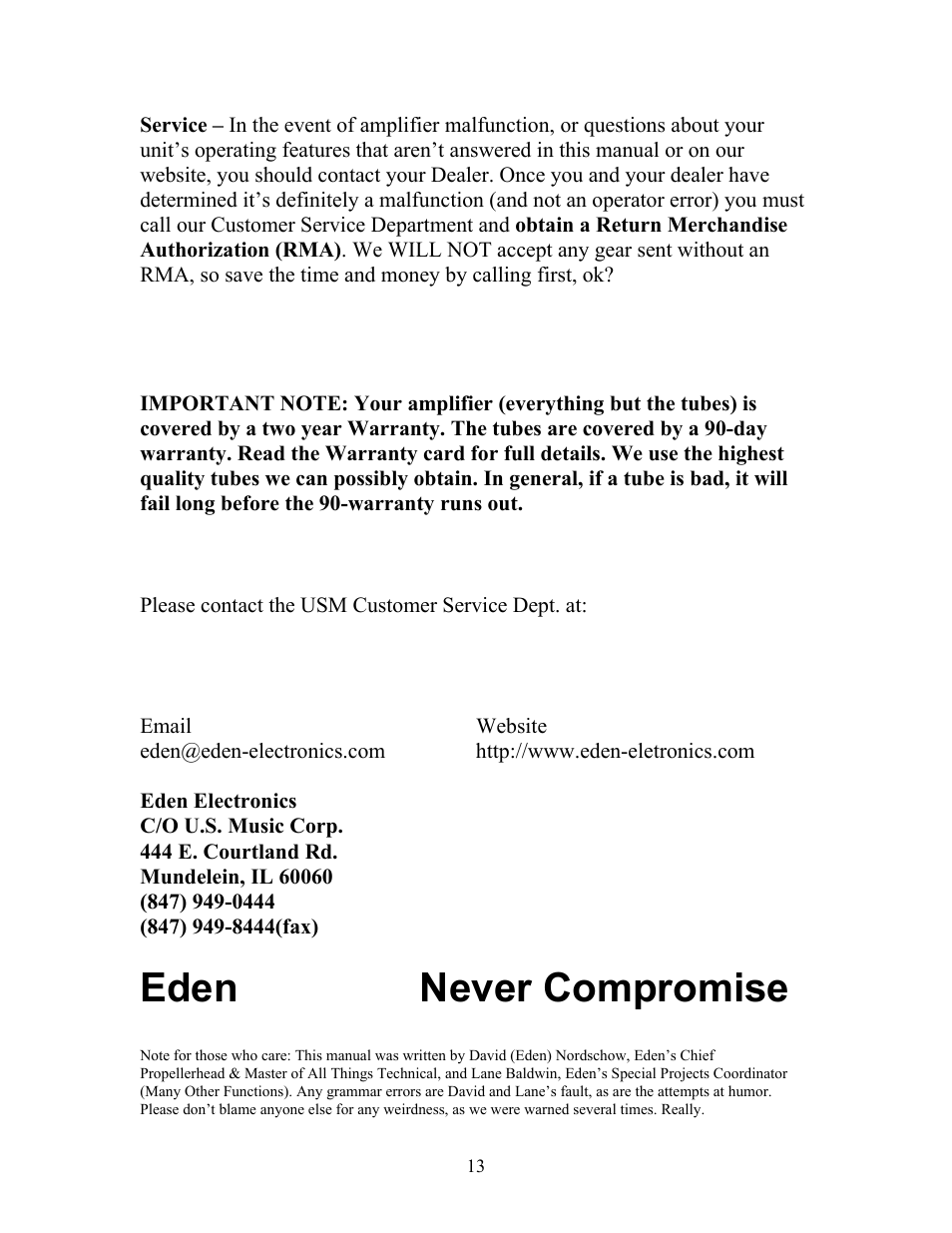 Eden never compromise | Eden WTB300 User Manual | Page 13 / 13