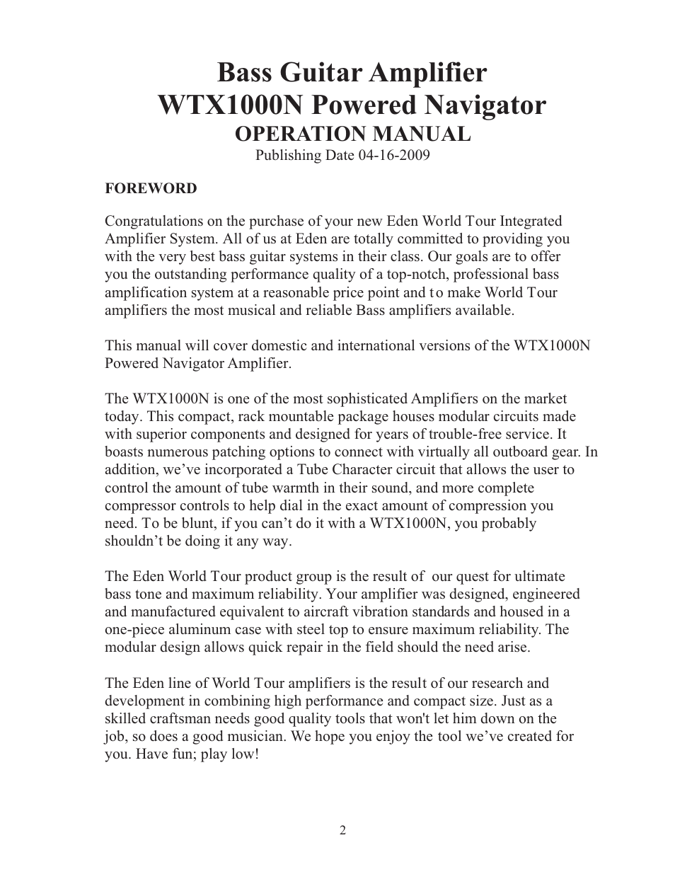 Bass guitar amplifier wtx1000n powered navigator, Operation manual | Eden WTX1000N Navigator User Manual | Page 2 / 20