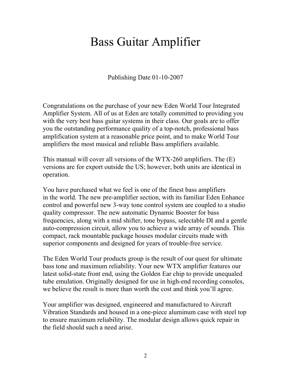 Bass guitar amplifier wtx-260, Operation manual | Eden WTX260 User Manual | Page 2 / 16