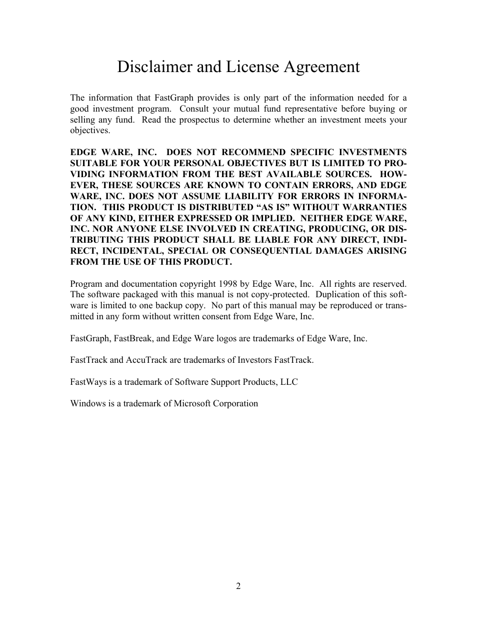 Disclaimer and license agreement | EdgeWare FastGraph Version 3 User Manual | Page 2 / 57