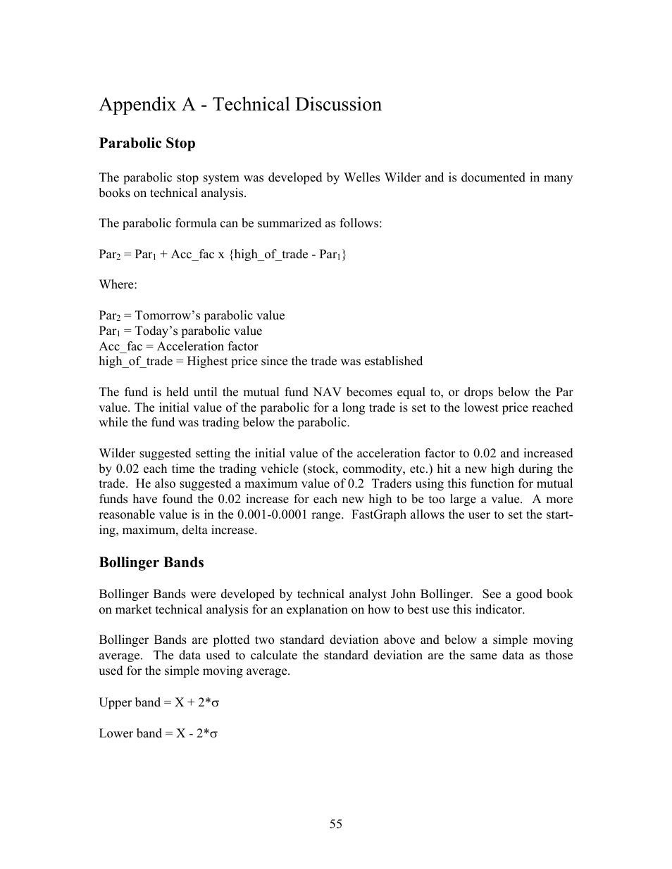 Appendix a - technical discussion, Parabolic stop, Bollinger bands | EdgeWare FastGraph Version 3 User Manual | Page 55 / 57